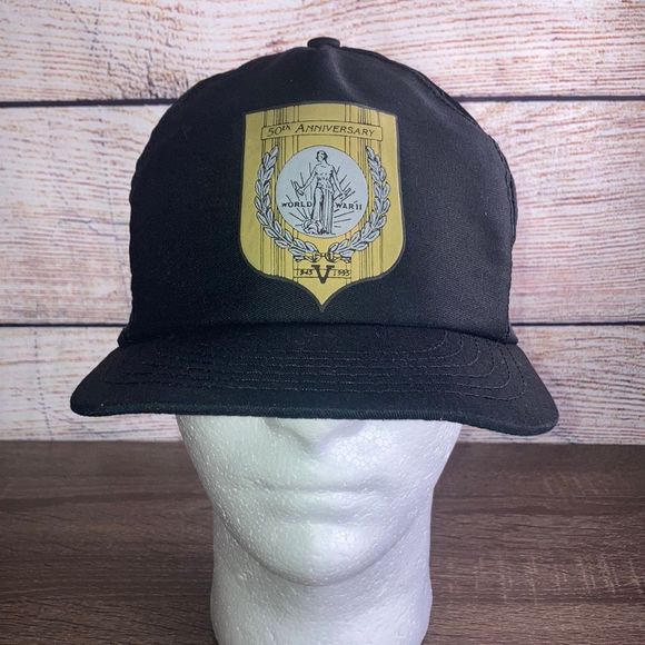 Vintage Mens Black & Gold 50th Anniversary WW II Trucker Hat - Picture 1 of 12